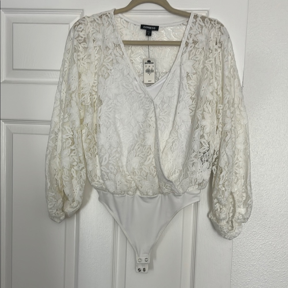 Express White Lace Wrap Bodysuit with 3/4 Sleeves